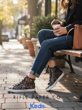 Keds x Rifle Paper Co Floral High Top Sneakers Gold Botanical Size 8.5